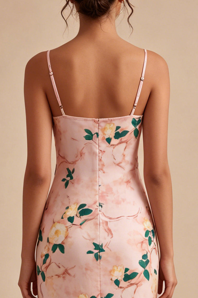 Load image into Gallery viewer, Floral Pink Cowl Neck Pencil Midi Wedding Guest Dress