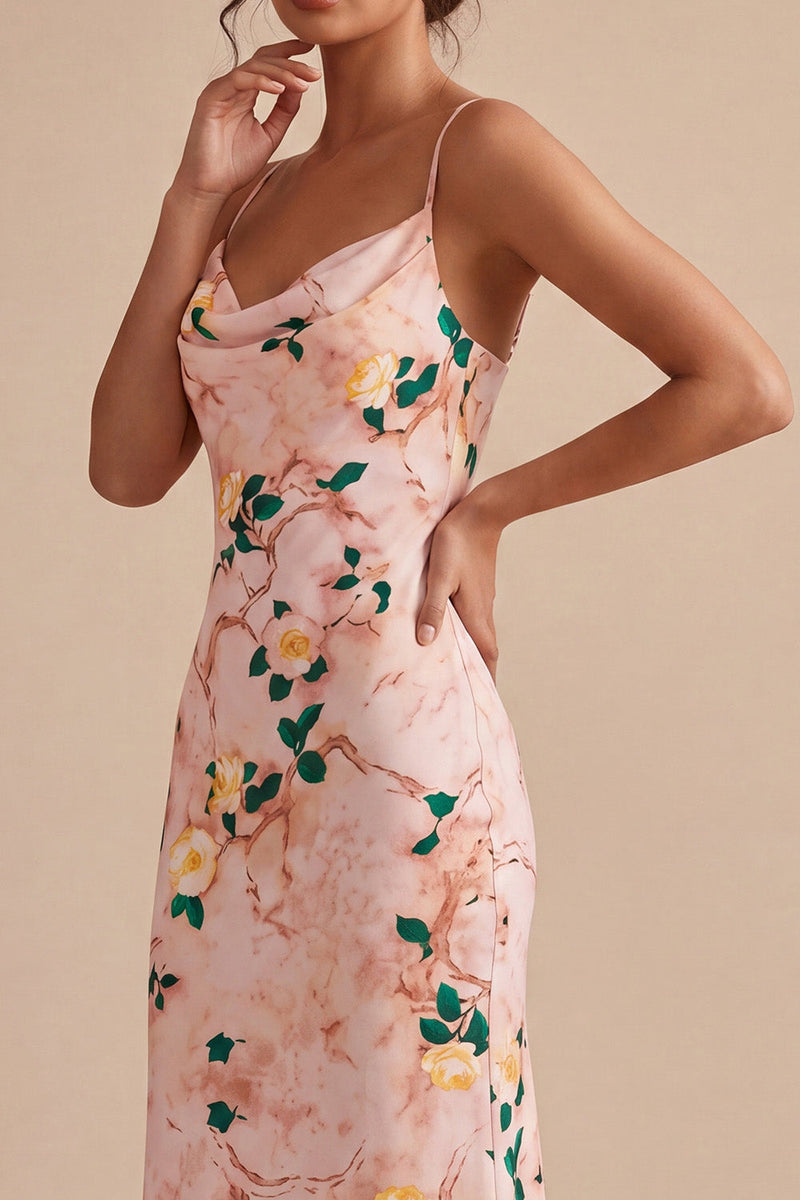 Load image into Gallery viewer, Floral Pink Cowl Neck Pencil Midi Wedding Guest Dress