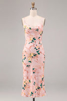 Load image into Gallery viewer, Floral Pink Cowl Neck Pencil Midi Wedding Guest Dress