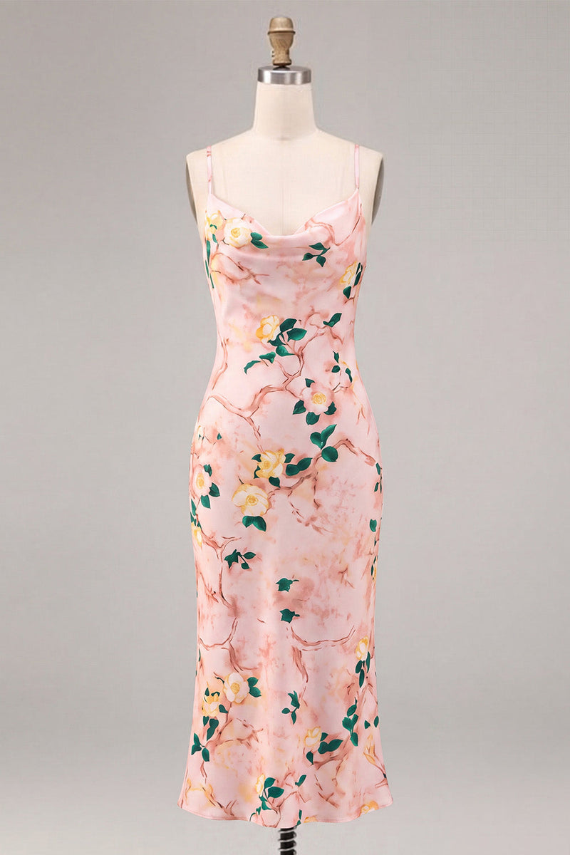 Load image into Gallery viewer, Floral Pink Cowl Neck Pencil Midi Wedding Guest Dress