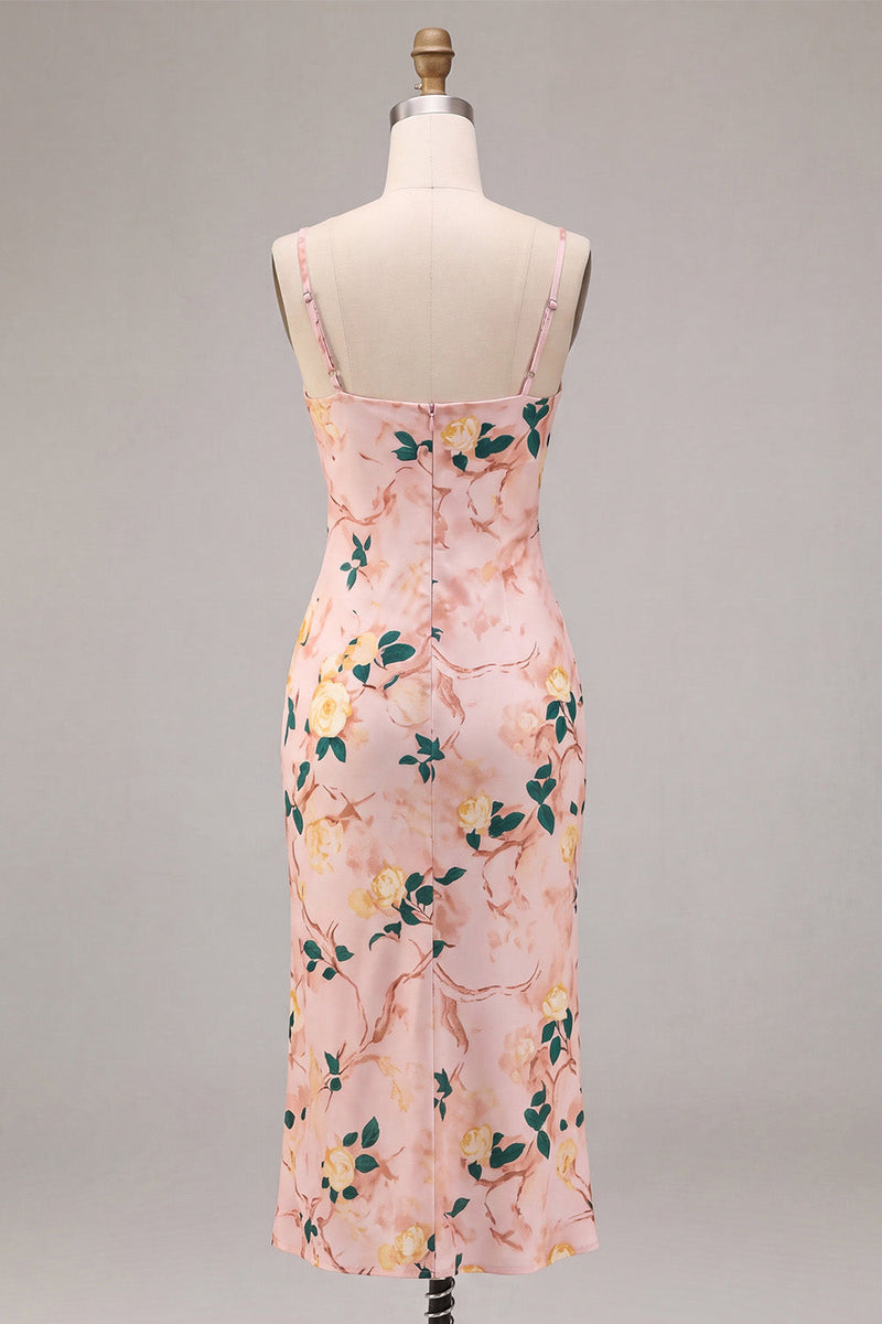 Load image into Gallery viewer, Floral Pink Cowl Neck Pencil Midi Wedding Guest Dress