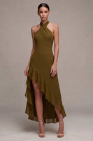 Load image into Gallery viewer, Olive Chiffon Ruffled Halter High-Low Wedding Guest Dress