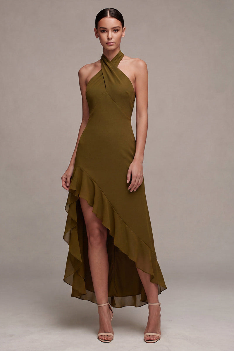 Load image into Gallery viewer, Olive Chiffon Ruffled Halter High-Low Wedding Guest Dress