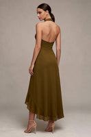 Load image into Gallery viewer, Olive Chiffon Ruffled Halter High-Low Wedding Guest Dress