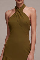 Load image into Gallery viewer, Olive Chiffon Ruffled Halter High-Low Wedding Guest Dress