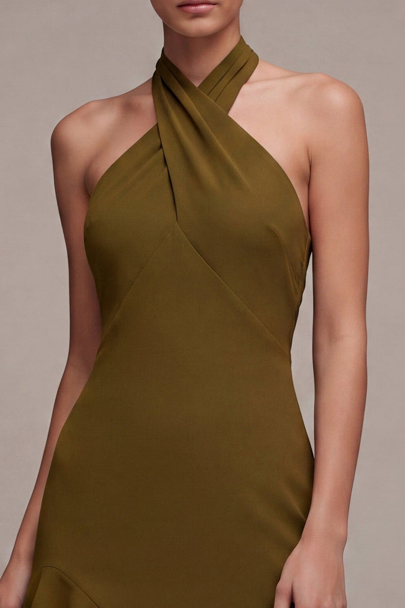 Load image into Gallery viewer, Olive Chiffon Ruffled Halter High-Low Wedding Guest Dress