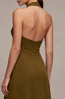 Load image into Gallery viewer, Olive Chiffon Ruffled Halter High-Low Wedding Guest Dress