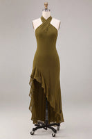 Load image into Gallery viewer, Olive Chiffon Ruffled Halter High-Low Wedding Guest Dress