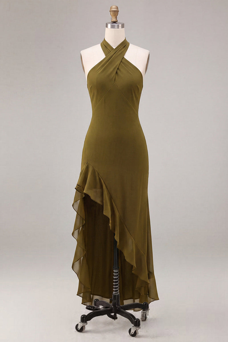 Load image into Gallery viewer, Olive Chiffon Ruffled Halter High-Low Wedding Guest Dress