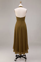 Load image into Gallery viewer, Olive Chiffon Ruffled Halter High-Low Wedding Guest Dress