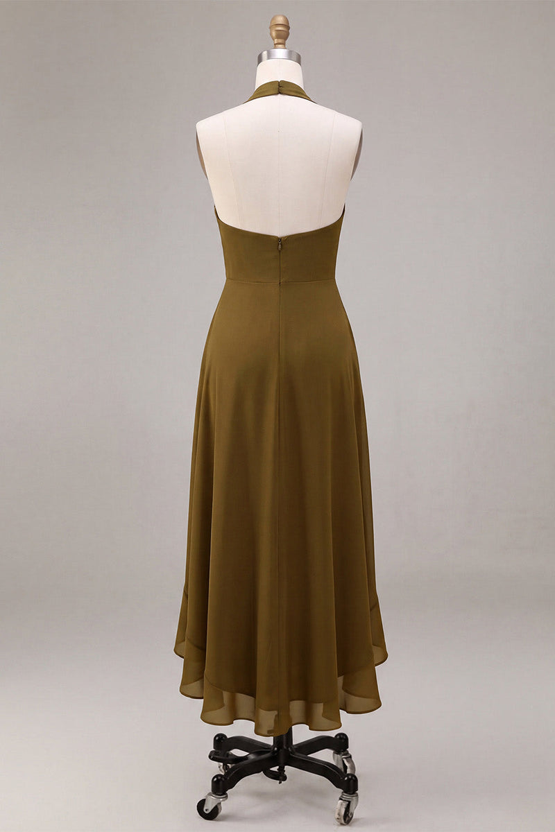Load image into Gallery viewer, Olive Chiffon Ruffled Halter High-Low Wedding Guest Dress