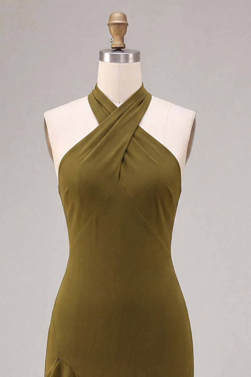 Load image into Gallery viewer, Olive Chiffon Ruffled Halter High-Low Wedding Guest Dress