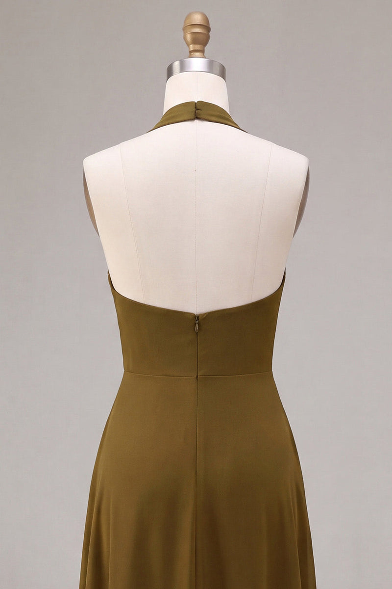 Load image into Gallery viewer, Olive Chiffon Ruffled Halter High-Low Wedding Guest Dress