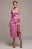 Load image into Gallery viewer, Fuchsia Ruched Satin Pencil Midi Wedding Guest Dress with Slit