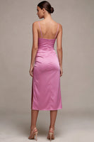 Load image into Gallery viewer, Fuchsia Ruched Satin Pencil Midi Wedding Guest Dress with Slit