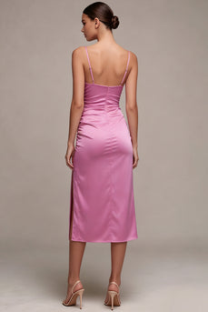 Fuchsia Ruched Satin Pencil Midi Wedding Guest Dress with Slit