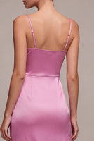 Load image into Gallery viewer, Fuchsia Ruched Satin Pencil Midi Wedding Guest Dress with Slit