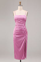 Load image into Gallery viewer, Fuchsia Ruched Satin Pencil Midi Wedding Guest Dress with Slit