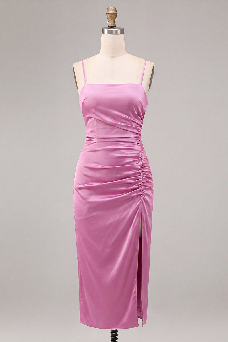 Load image into Gallery viewer, Fuchsia Ruched Satin Pencil Midi Wedding Guest Dress with Slit