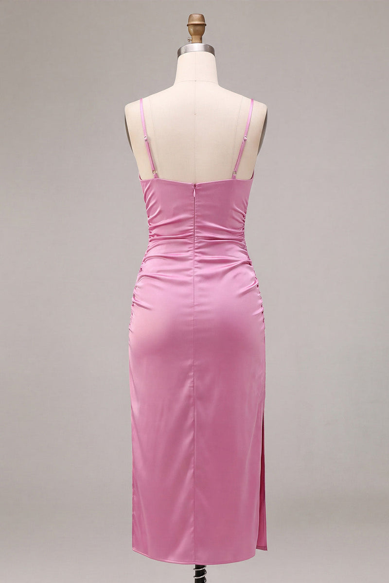 Load image into Gallery viewer, Fuchsia Ruched Satin Pencil Midi Wedding Guest Dress with Slit
