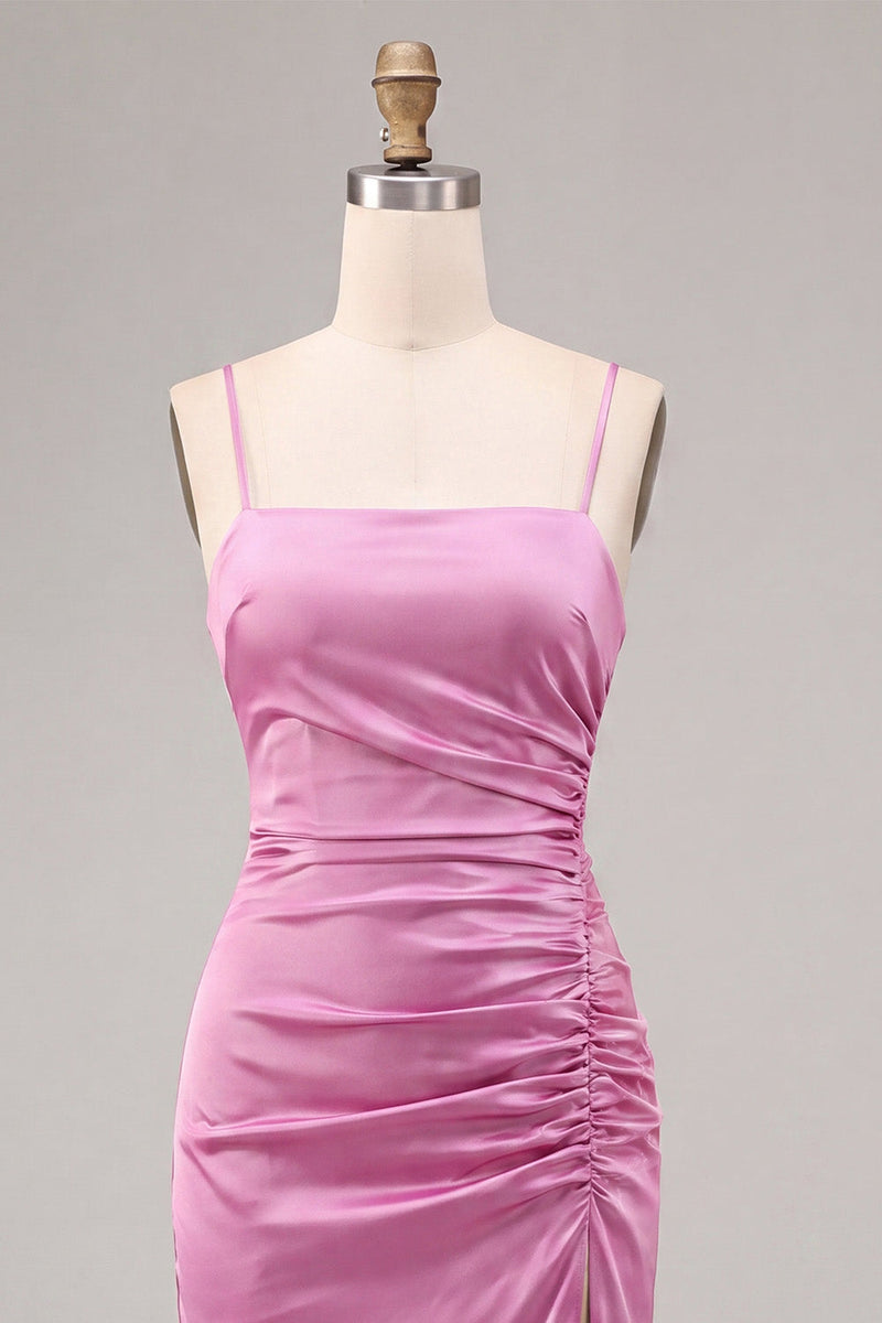 Load image into Gallery viewer, Fuchsia Ruched Satin Pencil Midi Wedding Guest Dress with Slit