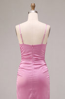 Load image into Gallery viewer, Fuchsia Ruched Satin Pencil Midi Wedding Guest Dress with Slit