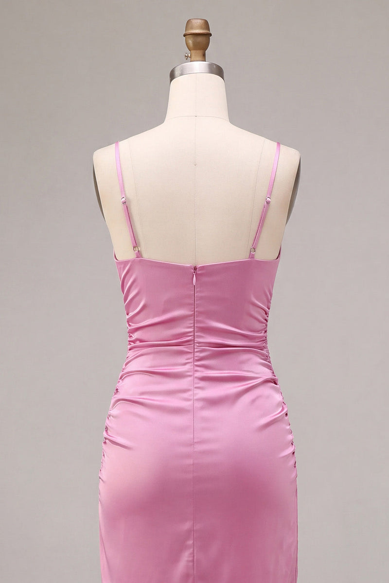 Load image into Gallery viewer, Fuchsia Ruched Satin Pencil Midi Wedding Guest Dress with Slit