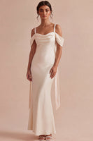 Load image into Gallery viewer, Light Champagne Satin Mermaid Long Wedding Guest Dress