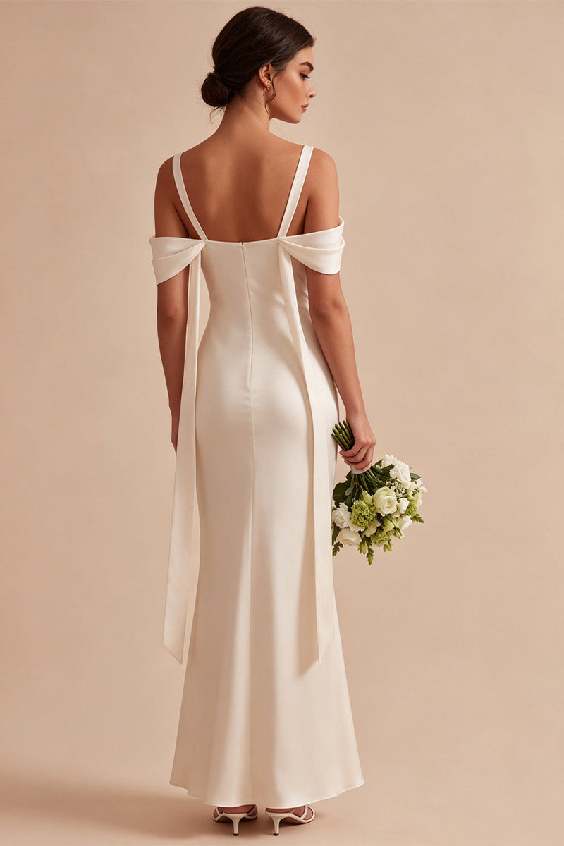 Load image into Gallery viewer, Light Champagne Satin Mermaid Long Wedding Guest Dress