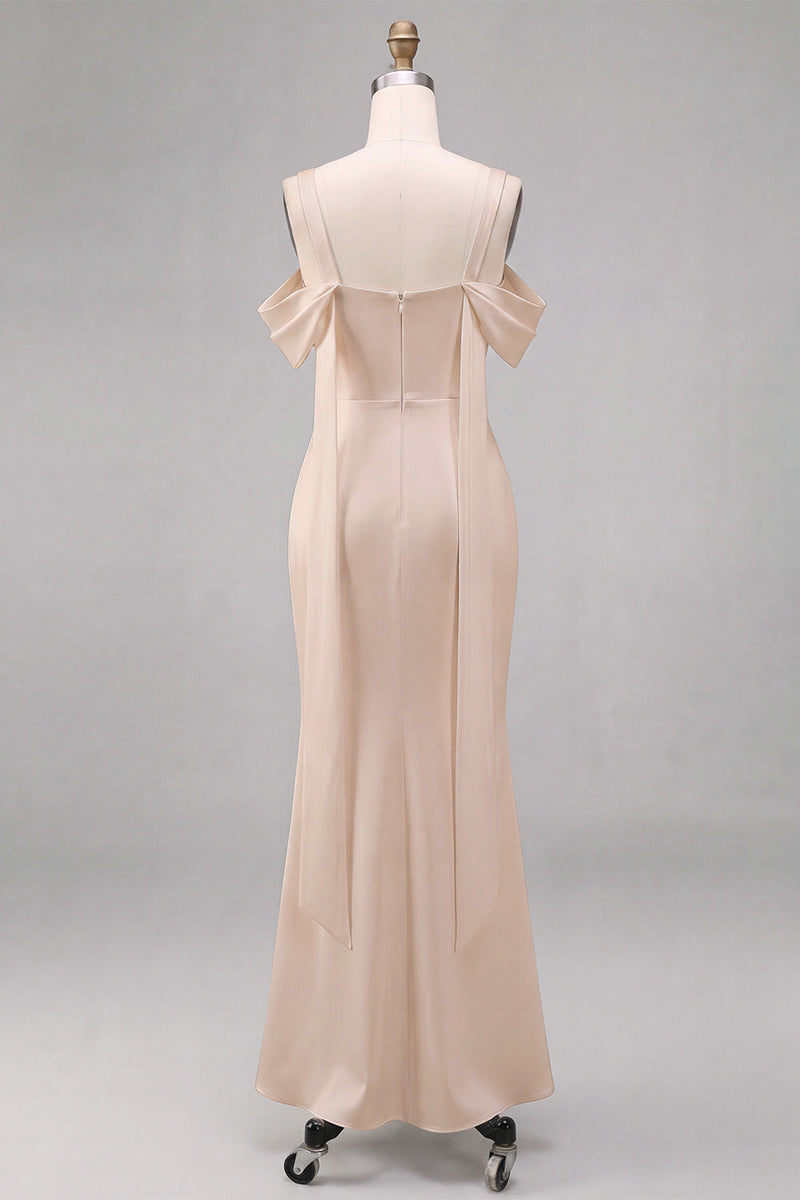 Load image into Gallery viewer, Light Champagne Satin Mermaid Long Wedding Guest Dress