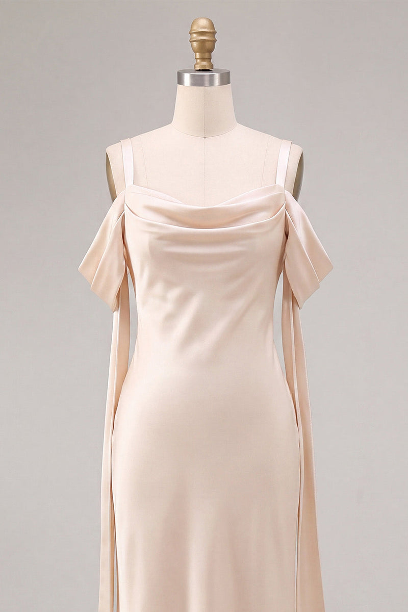 Load image into Gallery viewer, Light Champagne Satin Mermaid Long Wedding Guest Dress