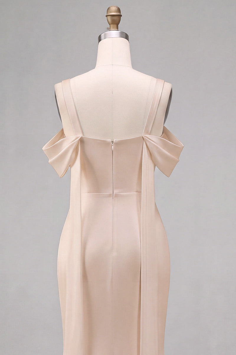 Load image into Gallery viewer, Light Champagne Satin Mermaid Long Wedding Guest Dress
