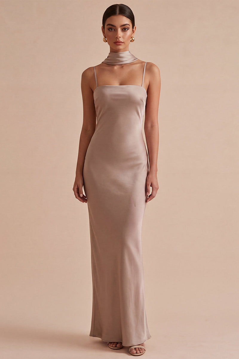 Load image into Gallery viewer, Dusty Rose Satin Mermaid Long Wedding Guest Dress with Neck Scarf