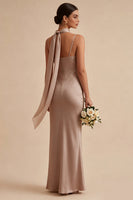 Load image into Gallery viewer, Dusty Rose Satin Mermaid Long Wedding Guest Dress with Neck Scarf