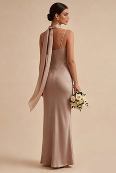 Dusty Rose Satin Mermaid Long Wedding Guest Dress with Neck Scarf