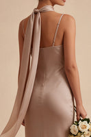 Load image into Gallery viewer, Dusty Rose Satin Mermaid Long Wedding Guest Dress with Neck Scarf