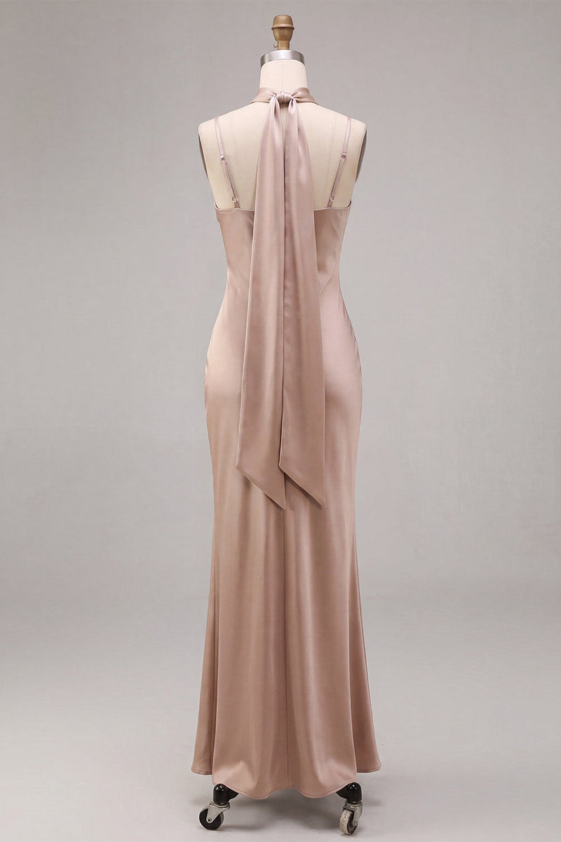Load image into Gallery viewer, Dusty Rose Satin Mermaid Long Wedding Guest Dress with Neck Scarf