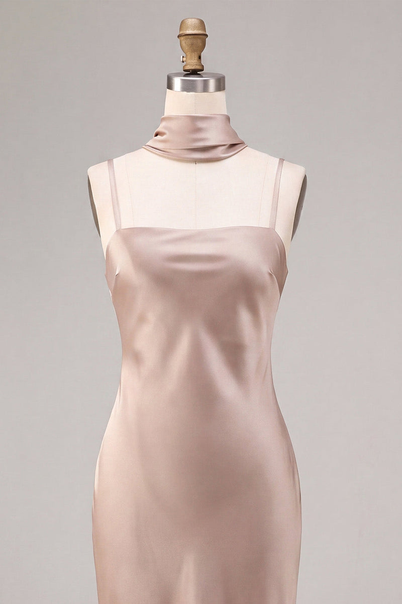 Load image into Gallery viewer, Dusty Rose Satin Mermaid Long Wedding Guest Dress with Neck Scarf