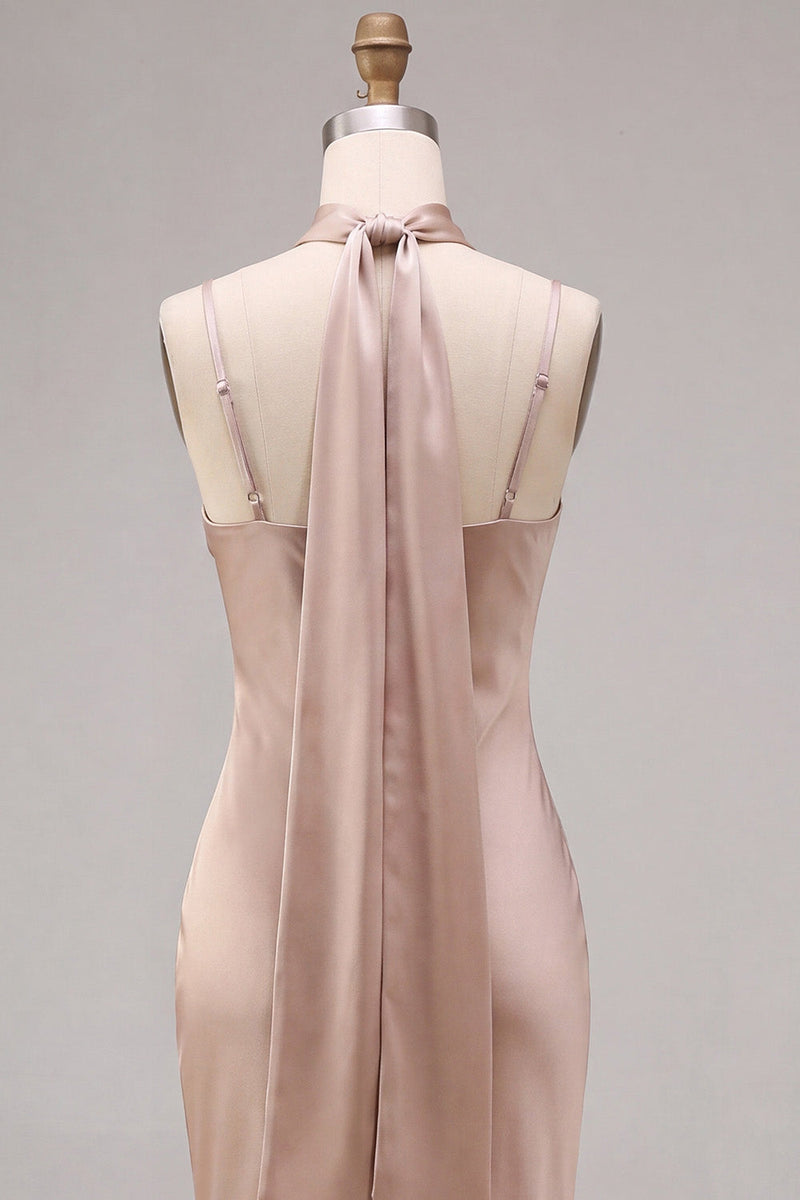 Load image into Gallery viewer, Dusty Rose Satin Mermaid Long Wedding Guest Dress with Neck Scarf