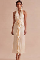 Load image into Gallery viewer, Apricot Ruffled Ruched Maxi Wedding Guest Dress with 3D Flower