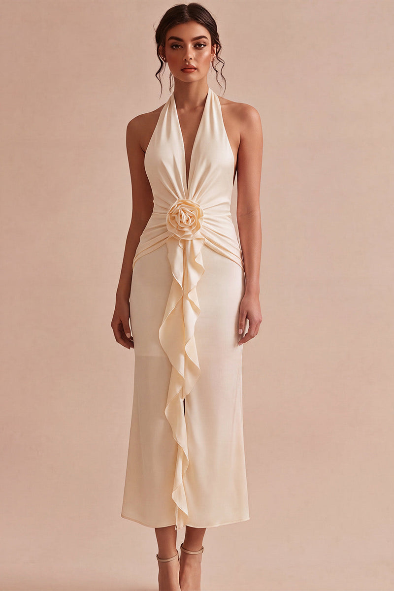 Load image into Gallery viewer, Apricot Ruffled Ruched Maxi Wedding Guest Dress with 3D Flower