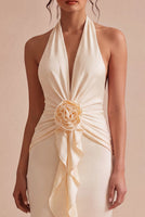 Load image into Gallery viewer, Apricot Ruffled Ruched Maxi Wedding Guest Dress with 3D Flower