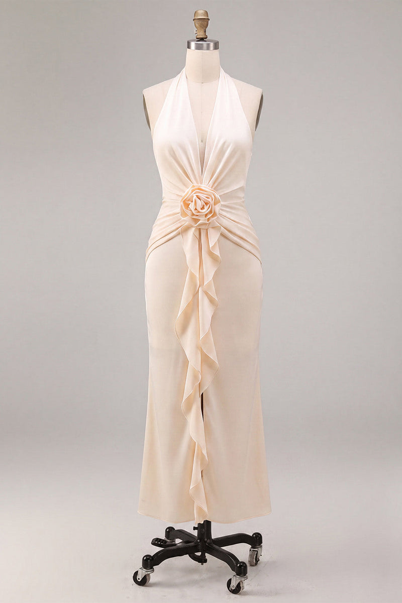 Load image into Gallery viewer, Apricot Ruffled Ruched Maxi Wedding Guest Dress with 3D Flower