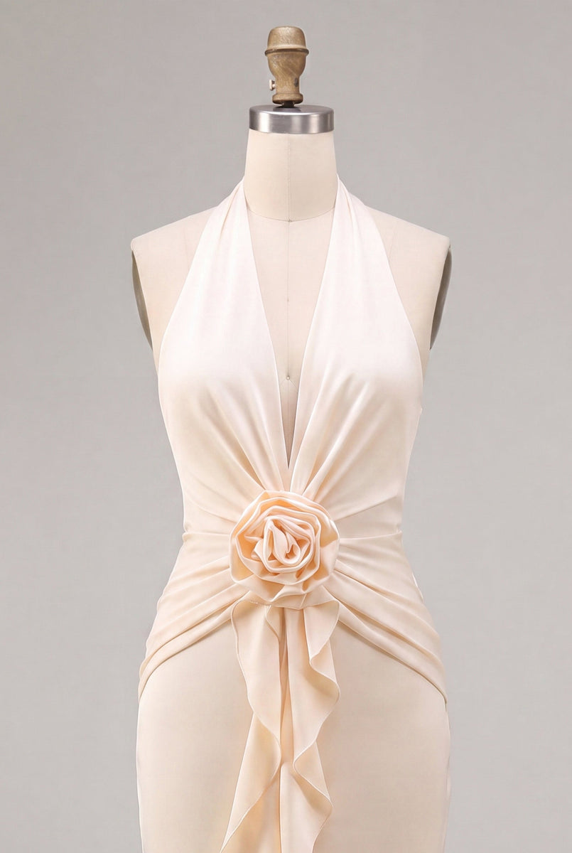 Load image into Gallery viewer, Apricot Ruffled Ruched Maxi Wedding Guest Dress with 3D Flower