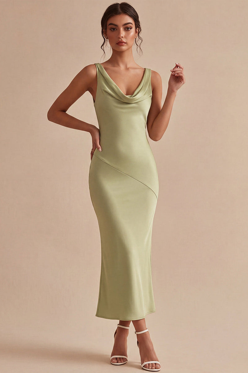 Load image into Gallery viewer, Light Green Satin Cowl Neck Mermaid Maxi Wedding Guest Dress