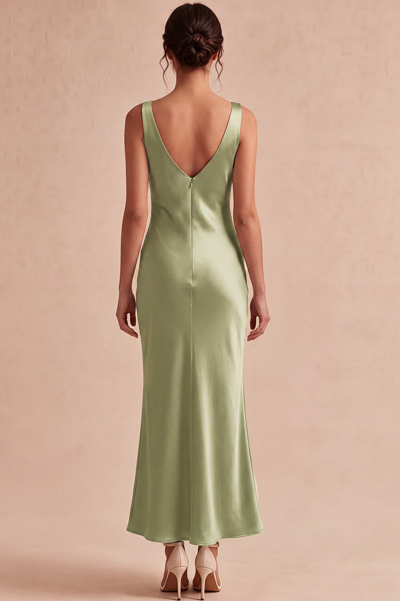Load image into Gallery viewer, Light Green Satin Cowl Neck Mermaid Maxi Wedding Guest Dress