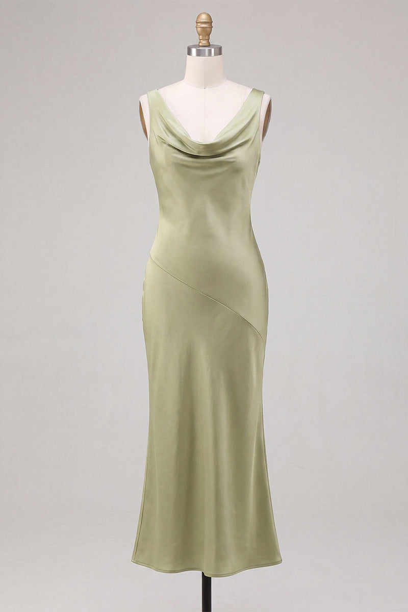 Load image into Gallery viewer, Light Green Satin Cowl Neck Mermaid Maxi Wedding Guest Dress