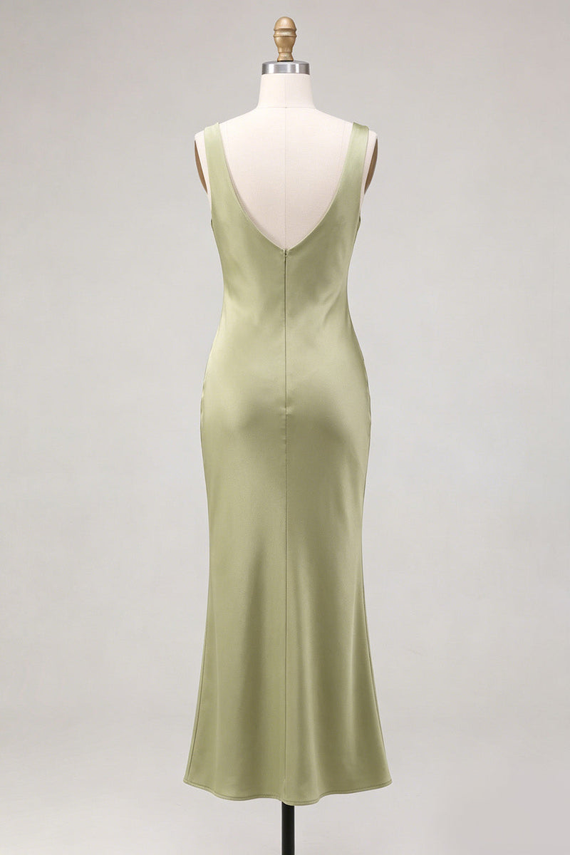 Load image into Gallery viewer, Light Green Satin Cowl Neck Mermaid Maxi Wedding Guest Dress