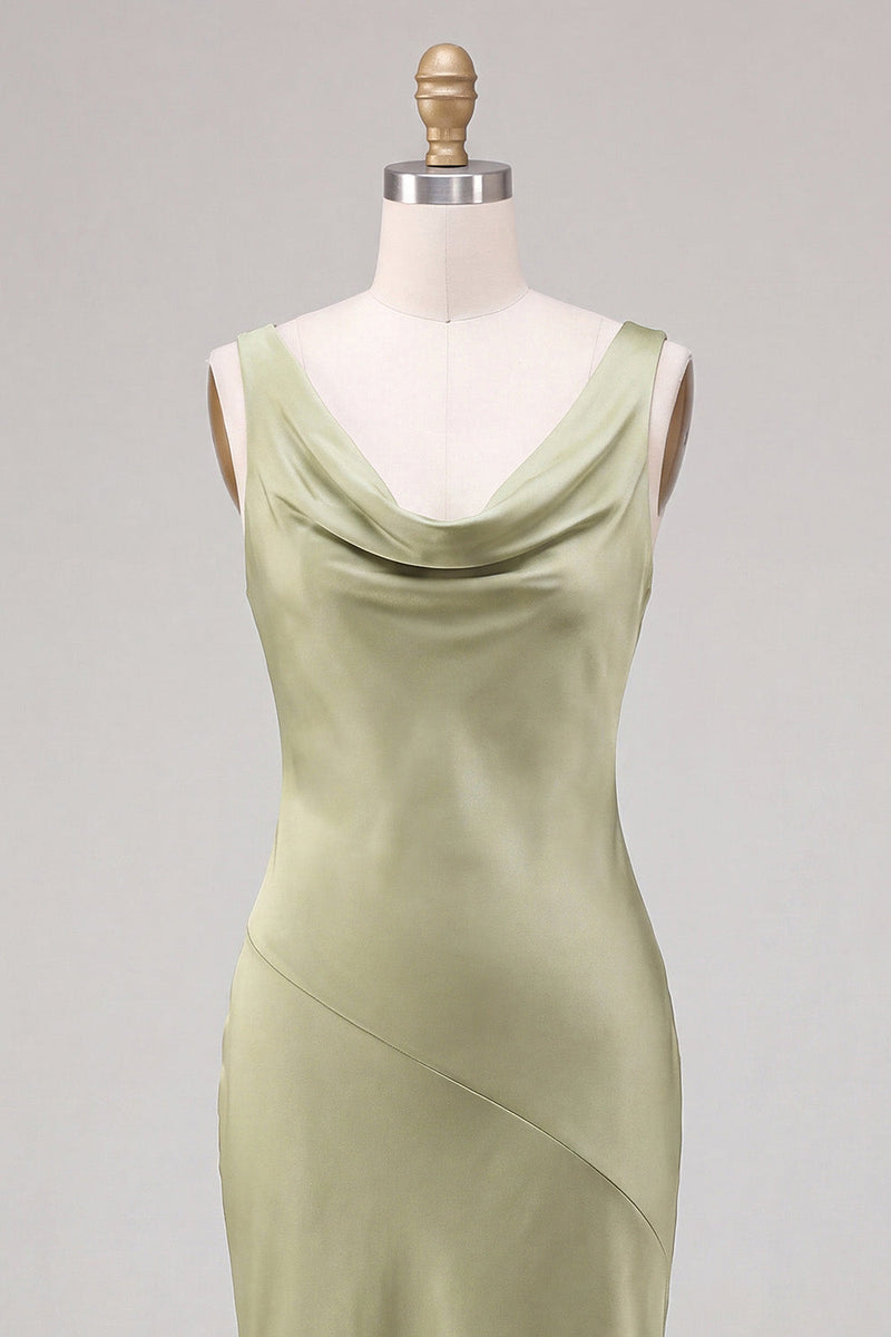 Load image into Gallery viewer, Light Green Satin Cowl Neck Mermaid Maxi Wedding Guest Dress
