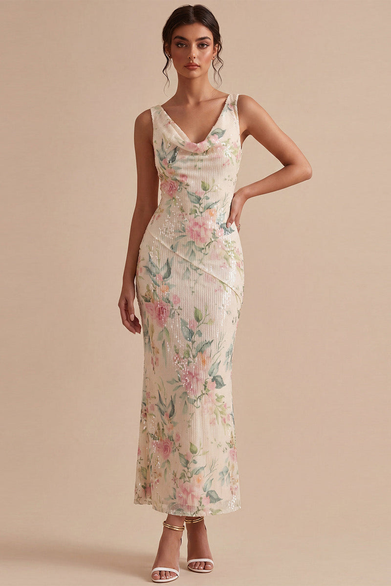 Load image into Gallery viewer, White Pink Flower Sequin Mermaid Long Wedding Guest Dress
